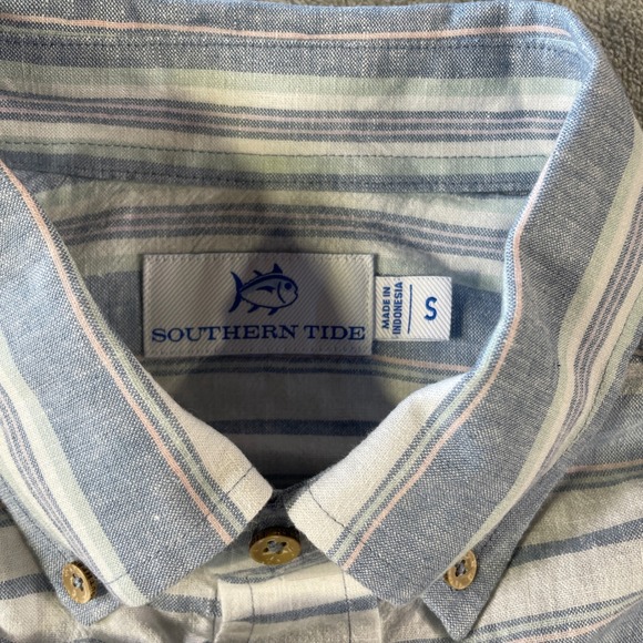 Southern Tide Linen Shirt Mens Small Blue Striped Travel Beach Summer Vacation - Picture 2 of 10